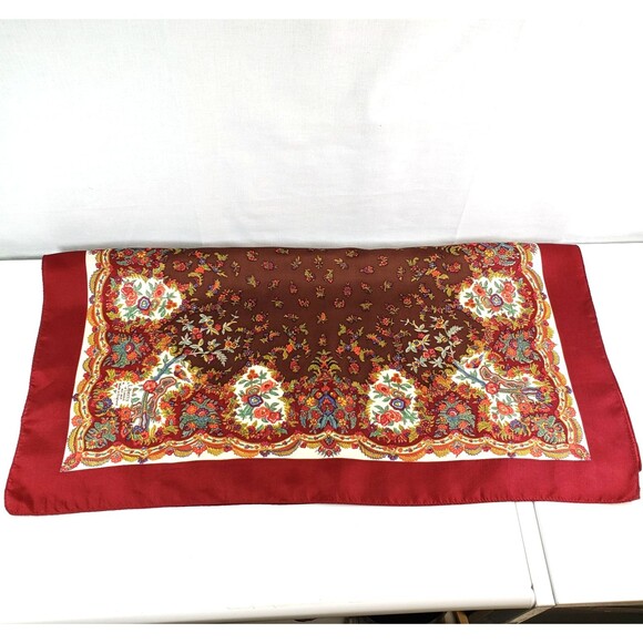 Liberty of London 100% Silk Twill Red Brown Floral Foulard Border Scarf 23"X23" - Picture 3 of 16